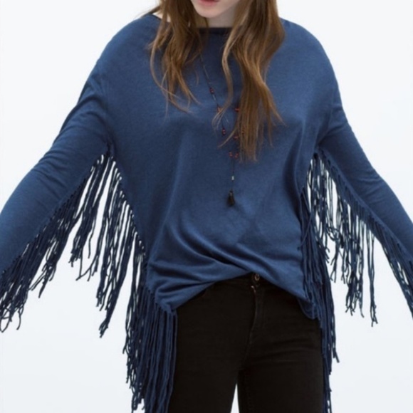 3/$20 Zara Blue Fringe Sleeve Boho Sweater Top - Picture 1 of 5